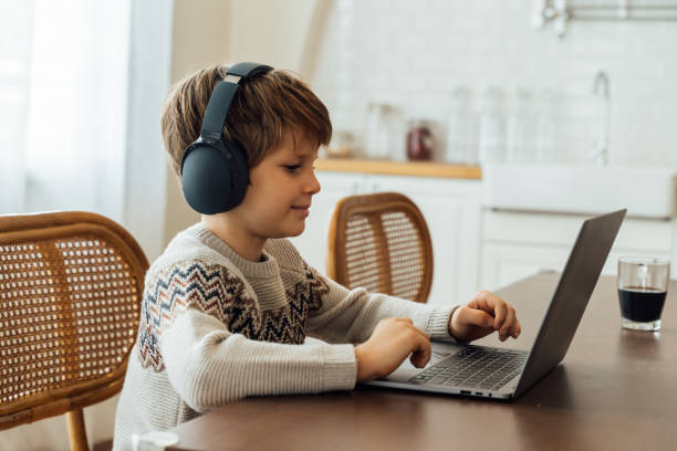A child deeply engaged in online German language learning, exploring new linguistic horizons with MasterMindz