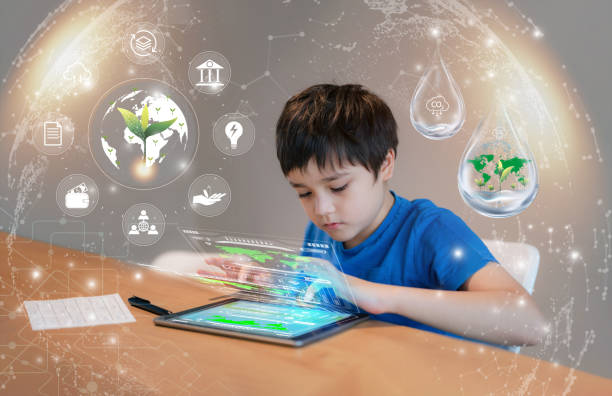 child immersed in learning science, surrounded by animated representations of knowledge, showcasing the immersive and educational environment provided by Mastermindz