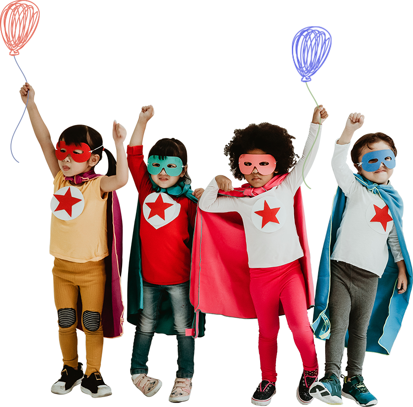 kids dressed in superhero costumes on the Contact Us page, symbolizing the empowering and supportive service provided by MasterMindz